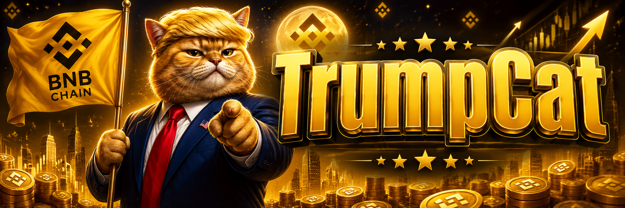 TrumpCat pointing forward on a mountain of BNB gold coins
